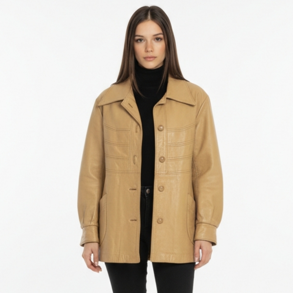 New England Sportwear Company Camel Beige Leather Coat Jacket M